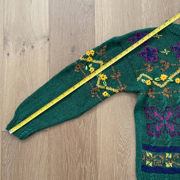 Vintage 90s Cabin Fever Sweater Women Large Hand Knitted Green Flowers Grandma - Picture 8 of 16
